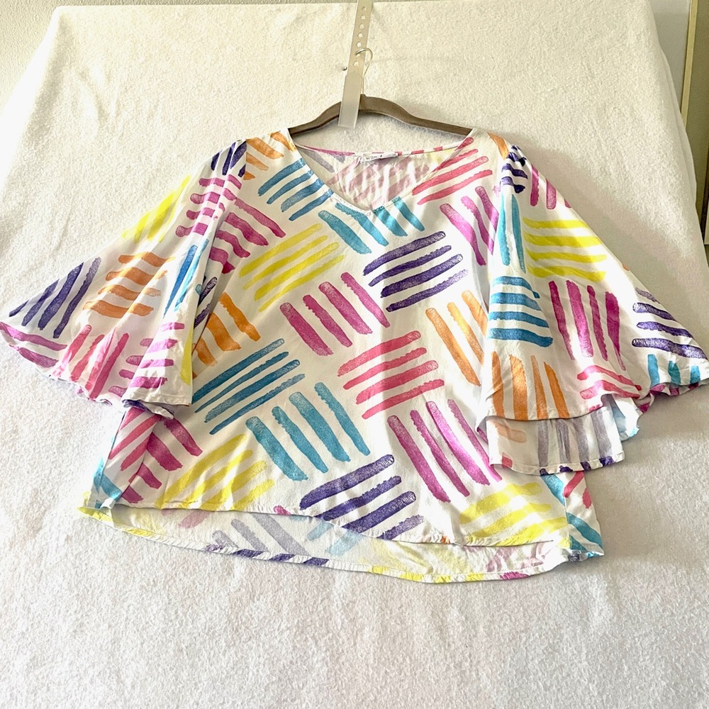 Vibrant Multicolor Striped Women's Blouse Size S 3/4 Flared Sleeve